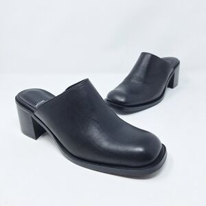 Jeffrey Campbell Walkin Black Leather Mules Block Heel Square Toe Clog